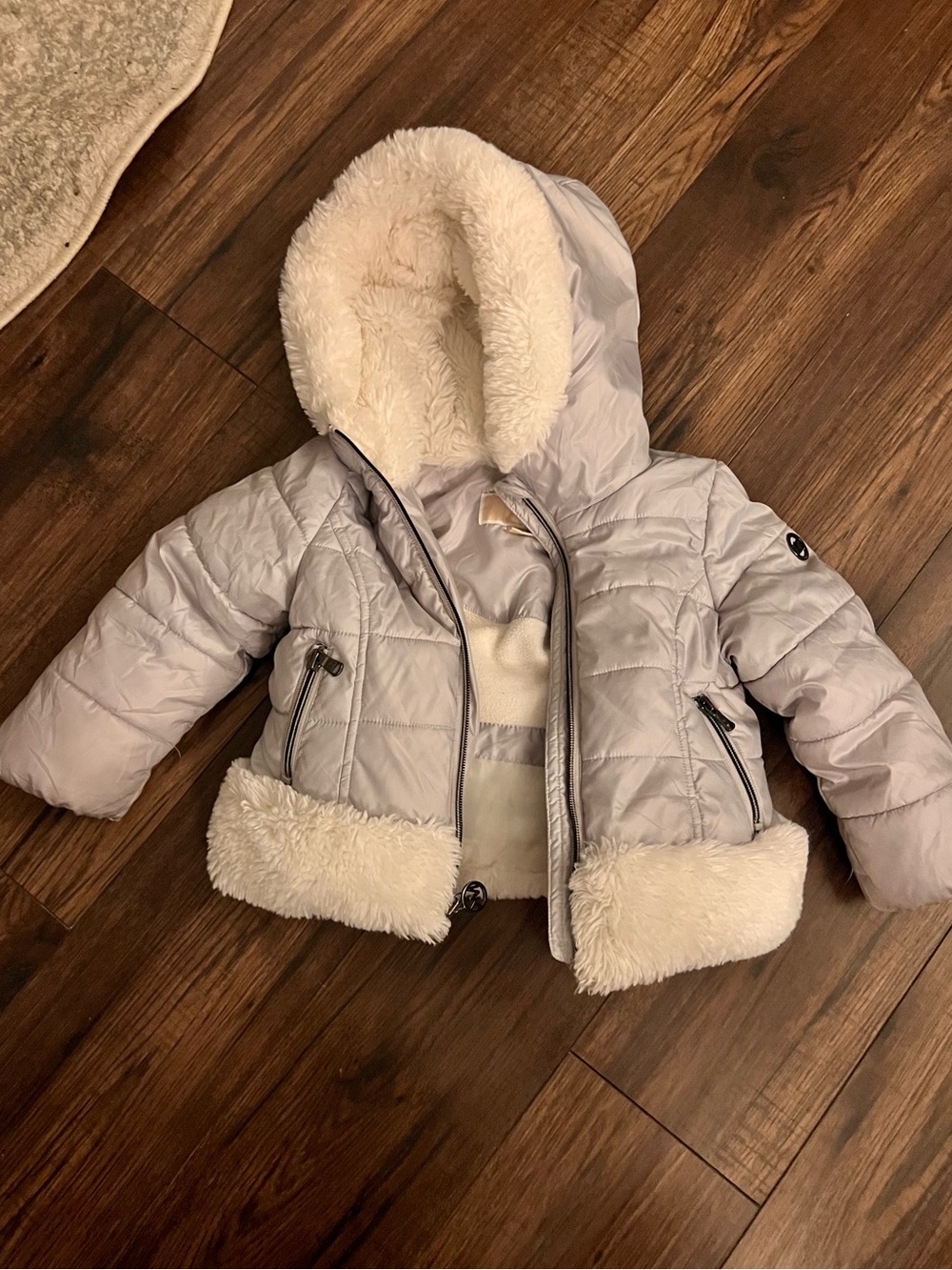 Michael Kors | 2T | Hooded Puffer Jacket with Faux Fur Trim - Light Gray